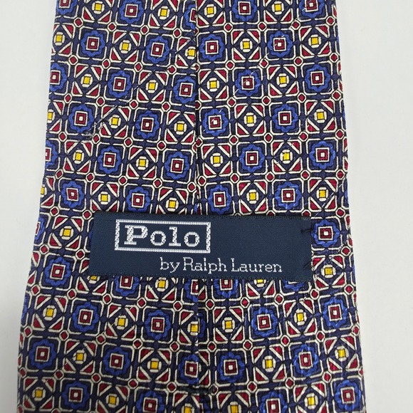 Polo Ralph Lauren Necktie Mens Blue Red Geometric Medallion Vintage Silk 4" - Picture 2 of 7